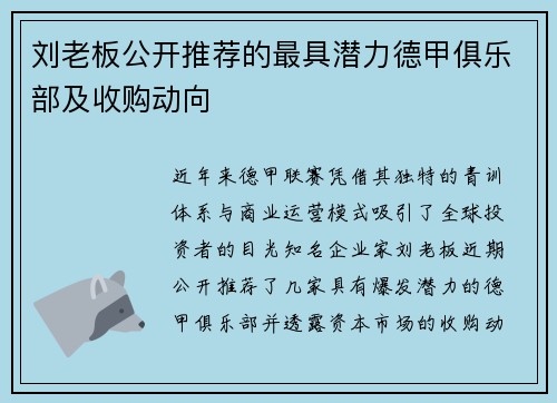 刘老板公开推荐的最具潜力德甲俱乐部及收购动向