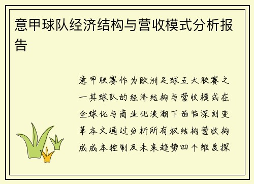 意甲球队经济结构与营收模式分析报告